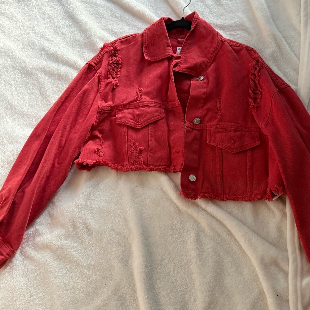 Red Cropped Denim Jacket